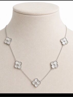 White Gold Filled Clover Station Necklace 18” Designer Inspired
